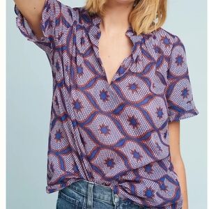 Banjanan Ruidoso Printed V Neck Semi Sheer Blouse Pockets Size S Ruffles